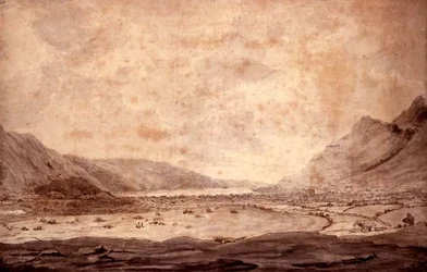 Panoramautsikt over Derwentwater og Vale of Keswick, detalj av en dal med Bassenthwaite i det fjerne, ca. 1772